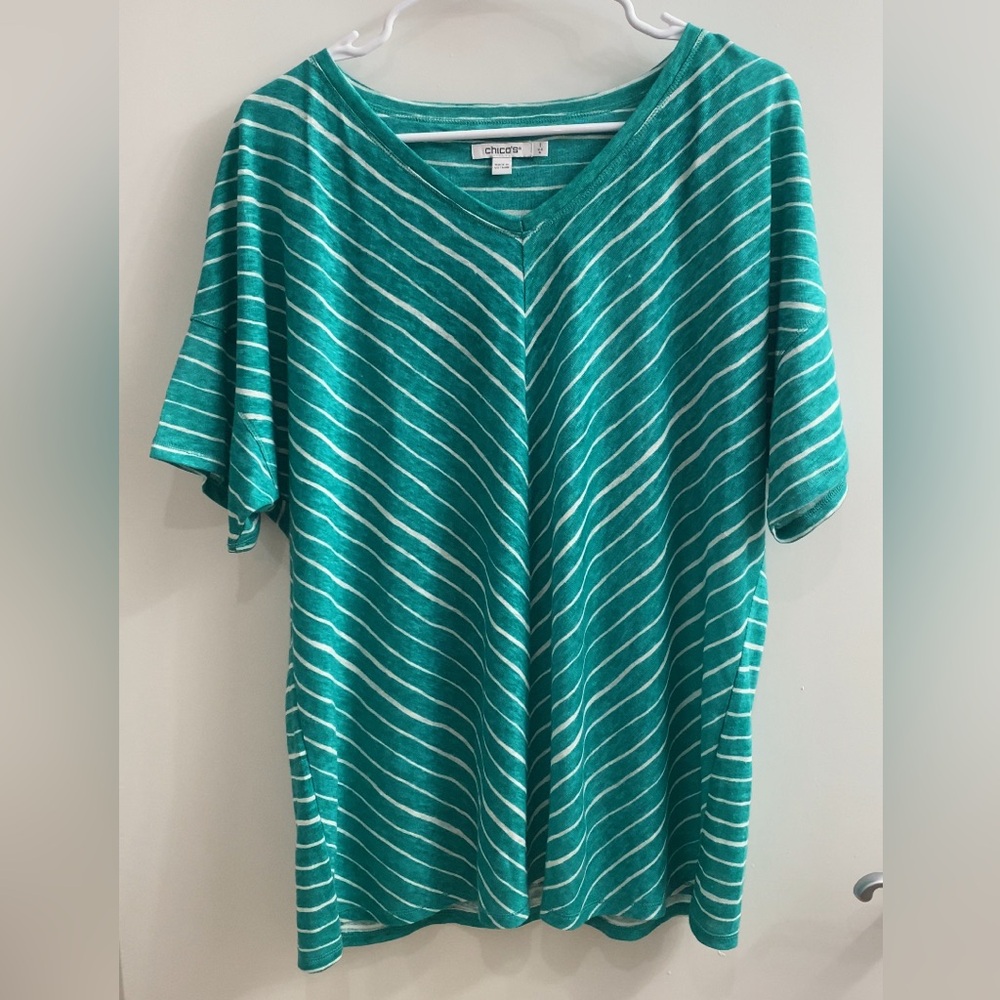Chico's Teal Stripe V-Neck Short Sleeve Top